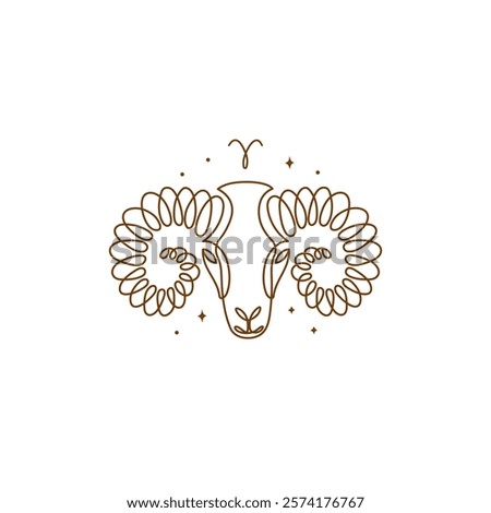Continuous line drawing of astrological Aries zodiac sign. Line art symbol and icon of esoteric zodiacal horoscope. Minimalist black linear sketch isolated on white background.