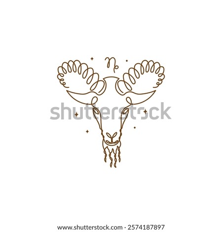 Continuous line drawing of astrological Capricorn zodiac sign. Line art symbol and icon of esoteric zodiacal horoscope. Minimalist black linear sketch isolated on white background.