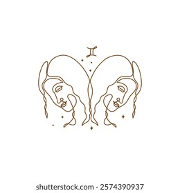 Continuous line drawing of astrological Gemini zodiac sign. Line art symbol and icon of esoteric zodiacal horoscope. Minimalist black linear sketch isolated on white background.