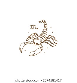 Continuous line drawing of astrological Scorpio zodiac sign. Line art symbol and icon of esoteric zodiacal horoscope. Minimalist black linear sketch isolated on white background.