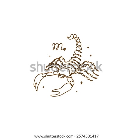 Continuous line drawing of astrological Scorpio zodiac sign. Line art symbol and icon of esoteric zodiacal horoscope. Minimalist black linear sketch isolated on white background.