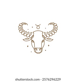 Continuous line drawing of astrological Taurus zodiac sign. Line art symbol and icon of esoteric zodiacal horoscope. Minimalist black linear sketch isolated on white background.