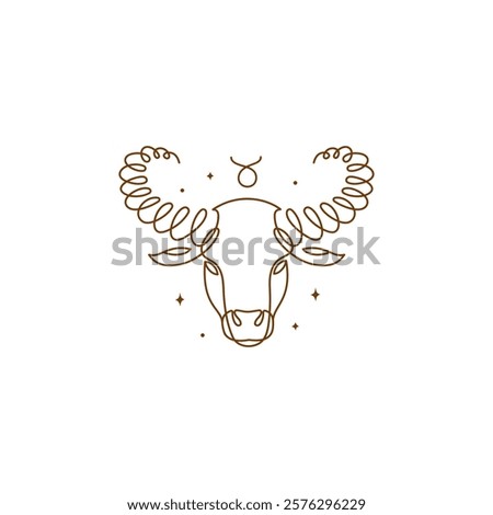 Continuous line drawing of astrological Taurus zodiac sign. Line art symbol and icon of esoteric zodiacal horoscope. Minimalist black linear sketch isolated on white background.