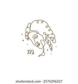 Continuous line drawing of astrological Virgo zodiac sign. Line art symbol and icon of esoteric zodiacal horoscope. Minimalist black linear sketch isolated on white background.