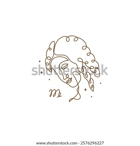 Continuous line drawing of astrological Virgo zodiac sign. Line art symbol and icon of esoteric zodiacal horoscope. Minimalist black linear sketch isolated on white background.