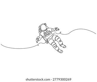 Continuous line drawing of astronaut floating in space. Single line illustration of astronaut. Space exploration concept. Editable outline
