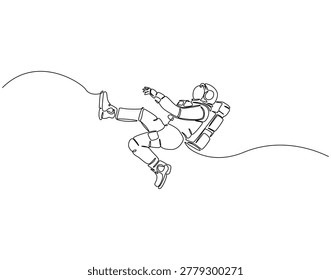 Continuous line drawing of astronaut floating in space. Single line illustration of astronaut. Space exploration concept. Editable outline
