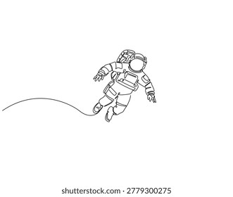 Continuous line drawing of astronaut floating in space. Single line illustration of astronaut. Space exploration concept. Editable outline

