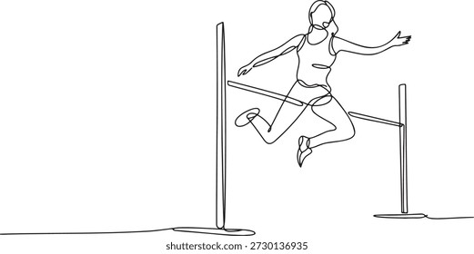 Dibujo continuo de la línea del atleta que borra el obstáculo durante la pista y la competencia de campo. Concepto deportivo. Atleta en el aire, concéntrate en el movimiento y la velocidad. Ideal para ilustraciones deportivas, promoción de fitness y gráficos de eventos.