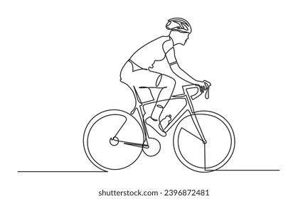 Continuous line drawing of athlete cycling with safety helmet. cycling with a Healthy lifestyle. single-line art of a classic bicycle isolated on a white background.
