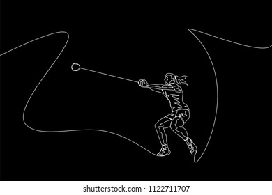 Continuous line drawing of athlete hammer throwing. One line throw sport vector illustration on black background