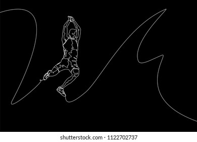 Continuous line drawing of athlete long jump. One line jumping sport vector illustration on black background