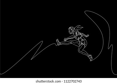 Continuous line drawing of athlete long jump. One line jumping sport vector illustration on black background