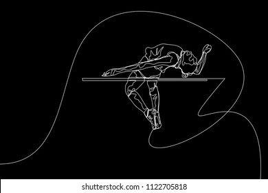 Continuous line drawing of athlete pole vault. One line jumping sport vector illustration on black background