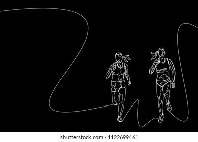 Continuous line drawing of athlete running. One line run sport vector illustration on black background