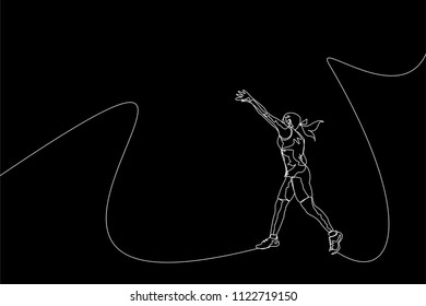 Continuous line drawing of athlete shot put. One line throw sport vector illustration on black background