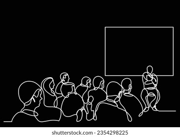 continuous line drawing of attendees and presenter