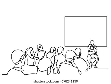 continuous line drawing of attendees and presenter