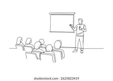 Continuous Line Drawing of Audience in Conference Hall – Public Speaker Giving Instructions