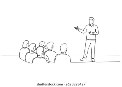 Continuous Line Drawing of Audience in Conference Hall – Public Speaker Giving Instructions