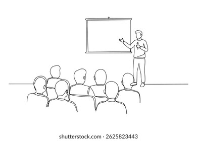Continuous Line Drawing of Audience in Conference Hall – Public Speaker Giving Instructions