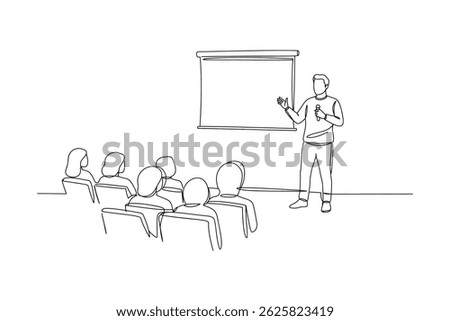 Continuous Line Drawing of Audience in Conference Hall – Public Speaker Giving Instructions