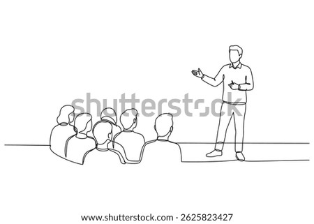 Continuous Line Drawing of Audience in Conference Hall – Public Speaker Giving Instructions