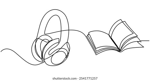 Continuous Line Drawing of Audio Book Icon. Hand Drawn Symbol Vector Illustration, Book with headphones continuous line drawing. Audio reading linear concept. Audiobook symbol. Vector illustration