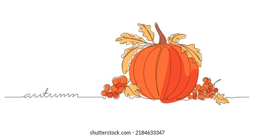 continuous line drawing autumn colored background  pumpkin   berry decorative still life boho vector illustration
