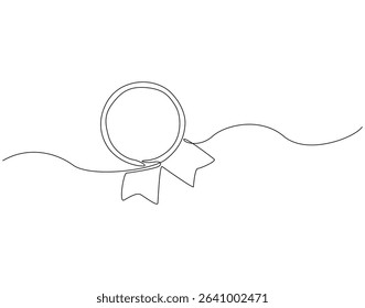 Continuous line drawing of award badge. Single line illustration of medal. Achievement ribbon concept. Editable outline