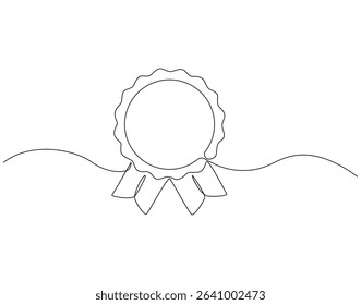 Continuous line drawing of award badge. Single line illustration of medal. Achievement ribbon concept. Editable outline