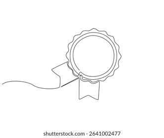 Continuous line drawing of award badge. Single line illustration of medal. Achievement ribbon concept. Editable outline
