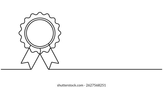 Continuous Line Drawing of Award Ribbon Icon. Hand Drawn Symbol Vector Illustration, Award Ribbon Continuous Line Icon, Certified Badge Continuous Line Editable Stroke Line