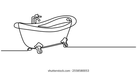 Continuous Line Drawing of Baby Bath Icon. Hand Drawn Symbol Vector Illustration, Bathtub in continuous line art drawing style. Clawfoot tub minimalist black linear design isolated on white background