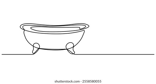 Continuous Line Drawing of Baby Bath Icon. Hand Drawn Symbol Vector Illustration, Bathtub in continuous line art drawing style. Clawfoot tub minimalist black linear design isolated on white background