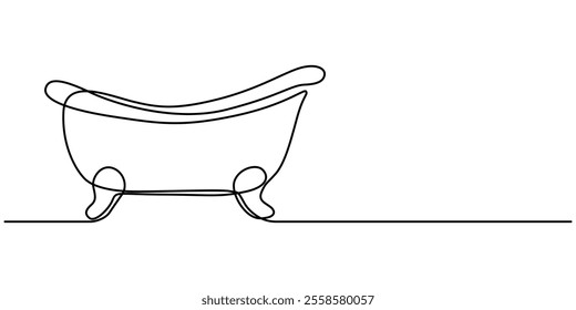 Continuous Line Drawing of Baby Bath Icon. Hand Drawn Symbol Vector Illustration, Bathtub in continuous line art drawing style. Clawfoot tub minimalist black linear design isolated on white background