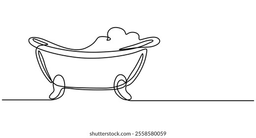 Continuous Line Drawing of Baby Bath Icon. Hand Drawn Symbol Vector Illustration, Bathtub in continuous line art drawing style. Clawfoot tub minimalist black linear design isolated on white background