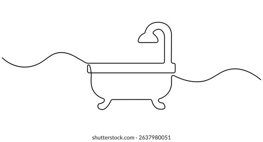 Continuous Line Drawing of Baby Bath Icon. Hand Drawn Symbol Vector Illustration, bathtub with shower continuous one line drawing, Continuous one line drawing of bathtub design. Simple bath in single