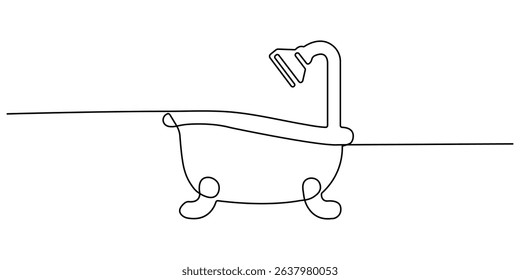Continuous Line Drawing of Baby Bath Icon. Hand Drawn Symbol Vector Illustration, bathtub with shower continuous one line drawing, Continuous one line drawing of bathtub design. Simple bath in single