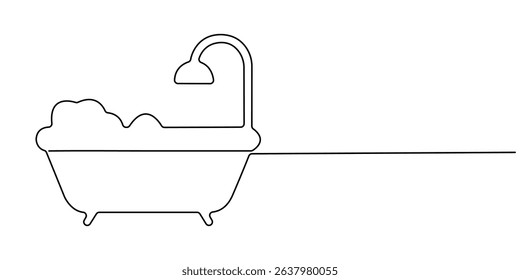 Continuous Line Drawing of Baby Bath Icon. Hand Drawn Symbol Vector Illustration, bathtub with shower continuous one line drawing, Continuous one line drawing of bathtub design. Simple bath in single