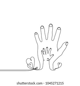 Continuous line drawing of a baby child hand on the parents hand, simple single line draw metaphor of the happy family, adult and youth, fathers love or a new generation