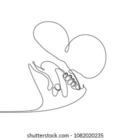 Continuous line drawing of a baby child hand holding parent by the finger, simple single line draw metaphor of the happy family and childhood, adult and youth holding hands, parental care, adoption