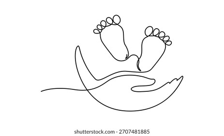 Dibujo de línea continua de los pies y las manos de un bebé aislados sobre fondo blanco