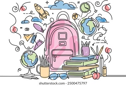 continuous line drawing for Back to school stationery items doodle background social media design greetings editable stroke Back to school concept with a backpack, books, globe, pencils supplies