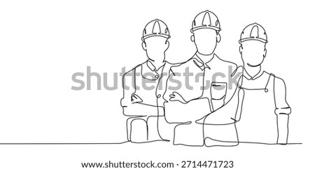 Continuous line drawing back view young men architect and foreman brainstorming about blueprint building design. Construction discussion planning. 