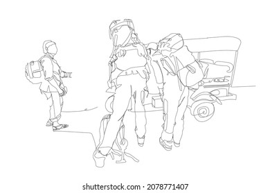 Dibujo continuo de líneas de turistas mochileros llaman tuk taxi, ilustración vectorial