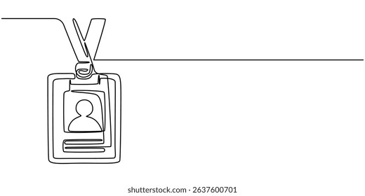 Continuous line drawing badges id cards holders isolated on white background. Vector illustration, man shows her badge, which hangs around his neck - one line drawing. concept correspondent with badge