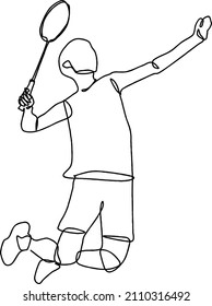 Continuous line drawing of  badminton player. A man playing badminton. black and white. Vector illustration.