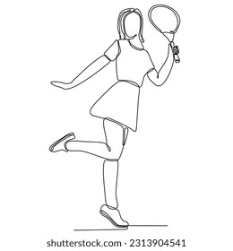 Continuous line drawing of badminton player playing. Badminton player sketch. Sportsman collection. Badminton player playing with a racket on a white background