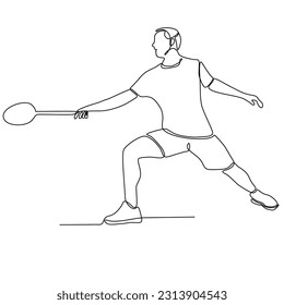 Continuous line drawing of badminton player playing. Badminton player sketch. Sportsman collection. Badminton player playing with a racket on a white background
